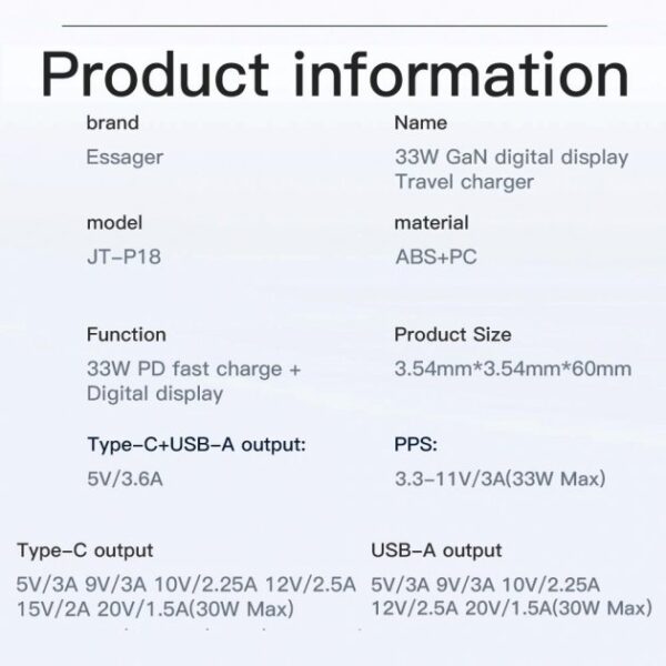Сетевое зарядное устройство Essager 33W GaN III PD USB-C+USB-A с дисплеем