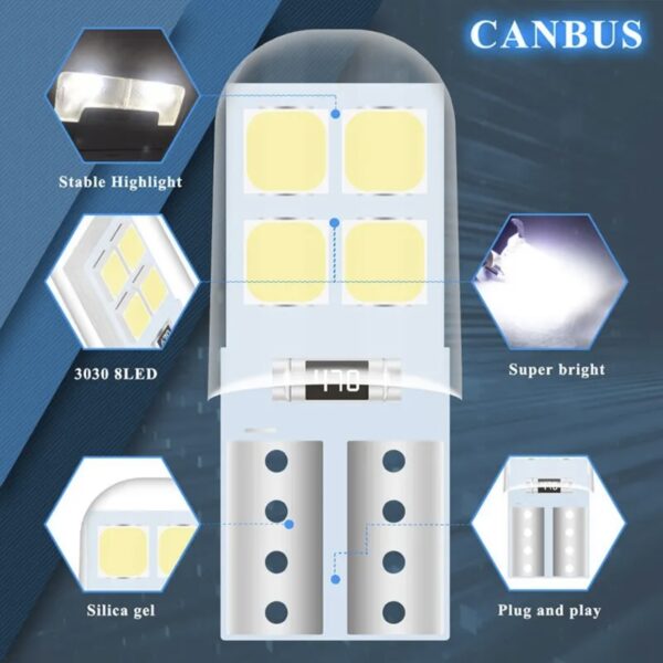 Светодиод Т10(W5W) 8smd 3030 CANBUS (обманка) 12v IP67 Waterproof