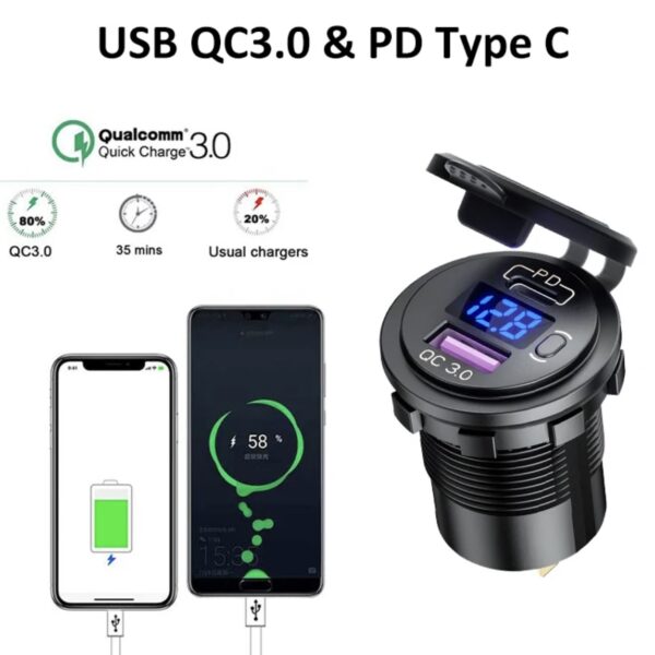 Автомобільна USB-зарядна розетка, 12 В/24 В PD3.0 та QC3.0 з вольтметром