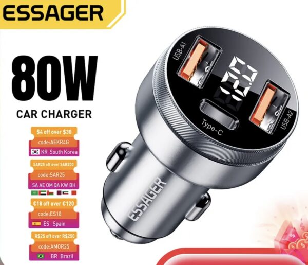 Автомобільний зарядний пристрій ESSAGER ES-CC10 80W 12-24v 2USB+Type-C