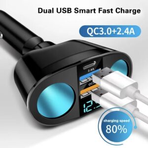 Автомобільний зарядний пристрій CH10QC 20W 12-24v 2USB+Type-C з вольтметром та роздвоювачем прикурювача