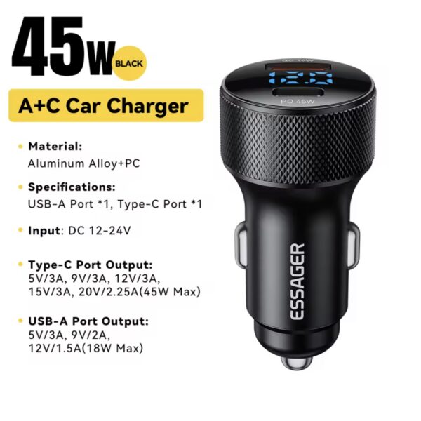 Автомобільний зарядний пристрій ESSAGER ES-CC21 PD45W USB+Type-C 12-24v - Зображення 2